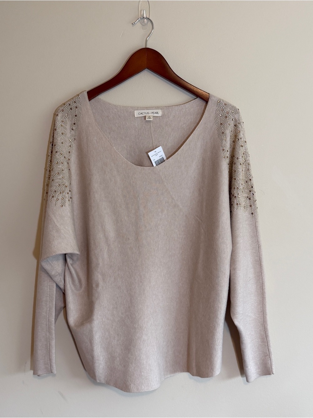 Cactus + Pearl Beaded Shoulder Sweater - Light Beige Size M NWT